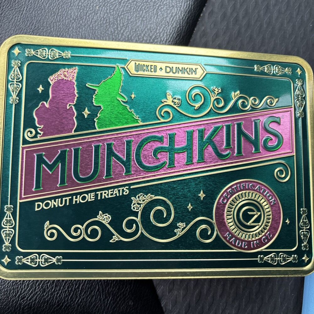 Very Rare Dunkin WICKED Munchkin Tin Glinda & Elphaba Pink & Green